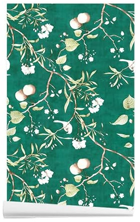 ANBILILA Papier Peint Autocollant, Vintage Botanique Oiseaux Fleurs Luxe Oriental Peler et Coller Papier Contact, 44,5x500CM Épaissi PVC Motif Floral Artistique Amovible Décoration Autocollant