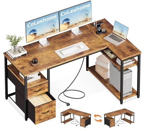 Coleshome Gaming Eckschreibtisch mit 2 Schubladen, 140×80 cm, Braun | L-Förmiger Gaming Tisch mit Stauraum & Regal, Schreibtisch mit Steckdose & USB, Reversibel, für Schlafzimmer & Wohnzimmer