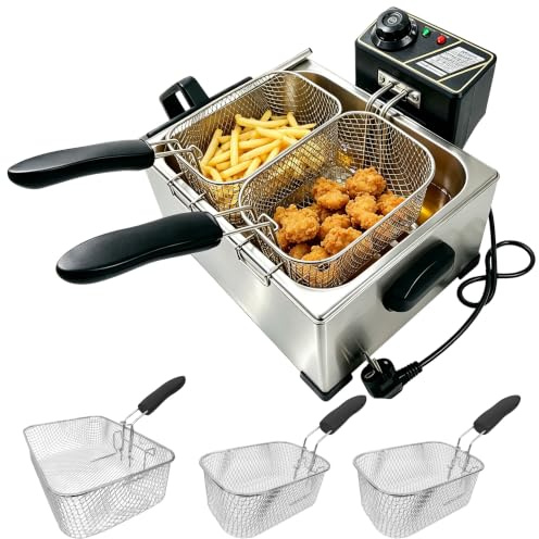 Friteuse double, inox, 5L, avec fenêtre, pour maison | Pour frites et poulet; température réglable; panier amovible.