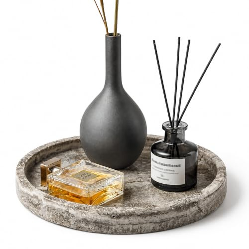 WORHE Round Marble Vanity Tray, Gray Travertine,Natural Marble Stone 24cm D | Decorative Tray for Counter, Bathroom, Kitchen, Dresser, Nightstand or Coffee Table, Home Decor(UKN24)