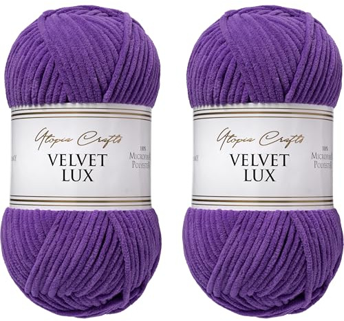 Utopia Crafts Velvet Lux Chenillegarn – Samtgarn Super Weich – Nadelstärke 8-10 mm – 2 x 100 g Knäuel – Decke, Kissen, Kuscheltier, Amigurumi (Königslila)