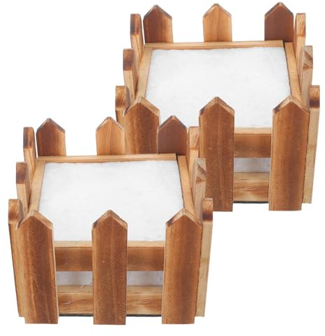LIFKICH 2pcs Rustic Wooden Fence Flower Window Box Planter with Foam, Brown Picket Fence Style, Natural Atmosphere Creation and Low Maintenance for Garden Or Backyard Decoration