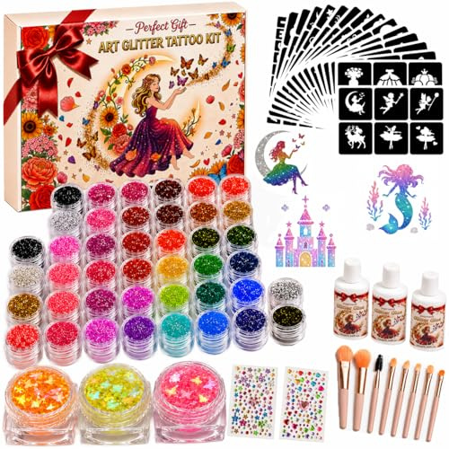 jingyuanli Glitzer Tattoo Set Kinder – 42 Farben mit Magischem Schmetterling-Glitzer & 160+ Fantasy Motiven – Kindgerechtes Bastelset für Mädchen 6-12 Jahre, Kindergeburtstag & Party Geschenk