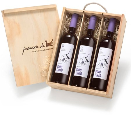 Weingeschenk TINTO | Drei Rotweine aus Spanien | Geschenkfertig verpackt in rustikaler Holzkiste | D.O. Utiel-Requena | 4 Monate Barrique gereift | Trocken, fruchtig