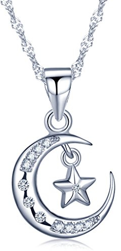 Unendlich U Elegant Mondsichel Mond Stern Damen Halskette 925 Sterling Silber Zirkonia Anhänger Kette mit Anhänger, Silber