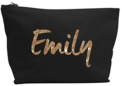 Personalised Name Make up Accessory Wash Bag in Black Colour. Metallic or Glitter Print Christmas Gifts Presents Birthdays (Glitter Rose Gold)