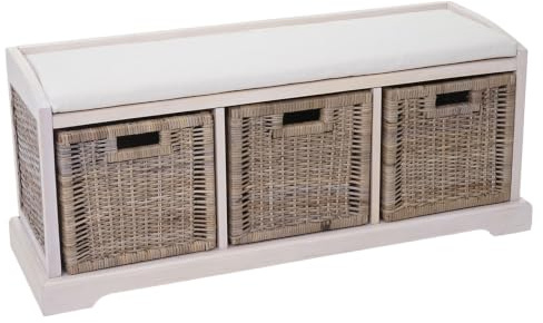 Mendler Sitzbank Bienne, 112x46x37cm - weiß | Aufbewahrungsbox, 3 Körbe, Kubu-Rattan-Geflecht
