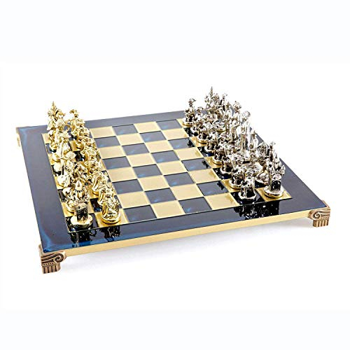 Knights Chess Set - Brass&Nickel - Blue Chess Board