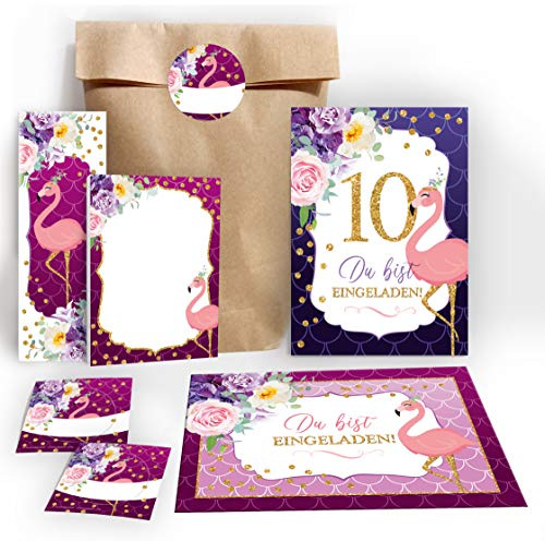 JuNa-Experten 12 Einladungskarten zum 10. Kindergeburtstag Mädchen Flamingo Einladungen zum zehnten Geburtstag incl. 12 Umschläge, 12 Tüten/natur, 12 Aufkleber, 12 Lesezeichen, 12 Blöcke