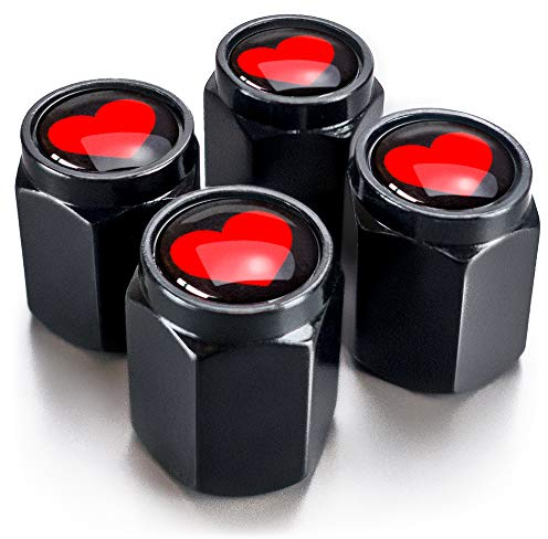 schildEVO 4 Ventilkappen für Reifen | Herz | schwarz mit Dichtung | Aluminium rostfrei | Autoventil