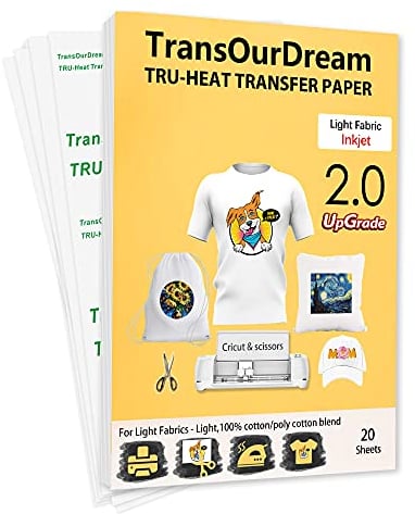 TransOurDream 20 Blatt x A4 Transferpapier für Textilien 2.0 – Transferpapier für weiße oder helle T-Shirts oder Textilien, kein Spiegeldruck, zum Aufbügeln, Tintenstrahldruck
