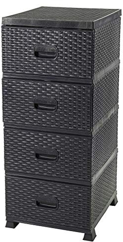 ADGO Schubladenschrank Kunststoff Schwarz Organizer Regal Kommode mit Körben Plastikregal mit 4 schubladen Schubladenregal 38 x 45 x 90 cm Rattan Badezimmer Veranstalter Schlafzimmer Kleiderschrank