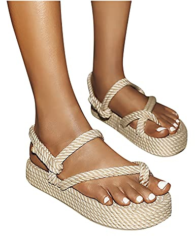 Susenstone Tongs Sandales Compensees femme plates Tresse Croisée en Corde de Lin Été 2021 Talons Plateforme Romaines Espadrilles Cuir Bout Ouvert Chaussures pour Plage Antidérapant Femme