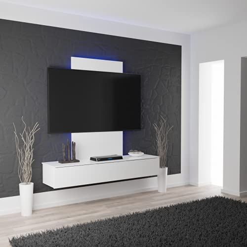 Tronitechnik® TV-Lowboard TV Möbel hängend mit LED-Beleuchtung Wohnschrank Wohnzimmer Schrankwand Wohnwand Mediawand Hochglanz weiß 140cm x 38,5cm
