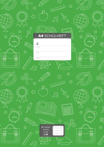 A4 Schulheft für „Vielschreiber“, 80 Seiten, liniert mit Rand, Lineatur 25, weißes Papier: Cover-Farbe: grün, Illustration Schule, (10 verschiedene ... Seitenzahlen, Adressteil, und Kalender 2022