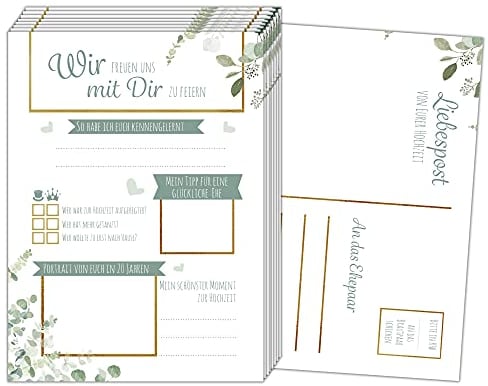 JEKA Postkarten-Spiel Hochzeit, 52 Postkarten Hochzeit, Hochzeitsspiel für Gäste, Alternative Gästebuch für Hochzeit, 52 Wochen Spiel, Postkarten mit Fragen (Grün-Gold)