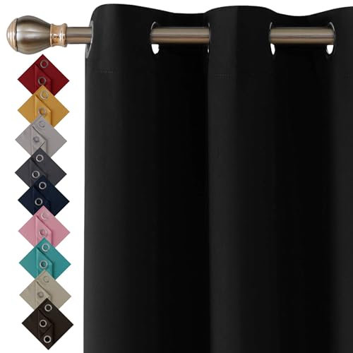 Thermal Insulated Blackout Ring Top Eyelet Curtains for Bedroom Windows 90 x 90 Inches Black 2 Panels (90”(228cm) wide x 90”(228cm) long, Black)