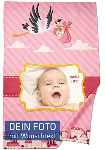 INDIGOS UG - Mikrofaser Fleece-Decke - Geburt Baby Name Gewicht - Größe 60 x 90 cm - individuell Bedruckt - Fotogeschenk für Junge und Mädchen Geschenkidee personalisiert Geburtsdatum