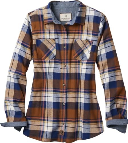 Legendary Whitetails Women's Cottage Escape Flannel Long Sleeve Solid Color Clothes, Fitted Button, Royal Blue Plaid, 1X