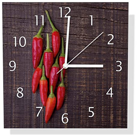 Wallario Design Wanduhr Rote Paprikaschoten auf einem dunkelbraunem Holzbrett aus Aluverbund, Alu-Uhr Größe 30 x 30 cm, weiße Zeiger mit Metalloptik