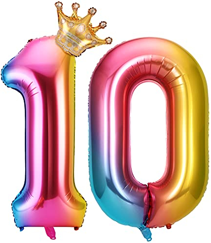 Yizhet 10th Birthday Decorations, 40'' Rainbow Gradient Number Balloons with Crown, Party Balloons for Celebration