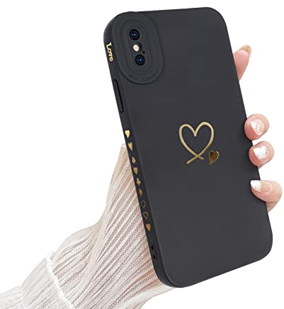 Newseego Hülle Kompatibel mit iPhone X/XS - Stilvolles Gold Love-Herz Muster Design, Weiches Flüssigsilikon, Niedlicher Herz Seitenrahmen, Stoßfeste Schutzhülle - Schwarz