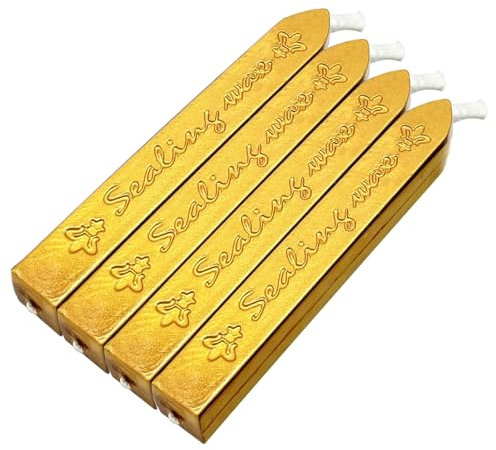 4 Stück Retro Siegelwachs, Siegelwachsstäbe mit Dochten, wachssiegel für Vintage Siegellack Stempel und Brief,Einladungen,Paket (Gold)