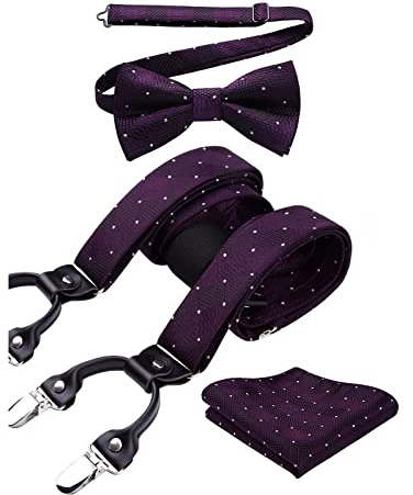 HISDERN Hosenträger Herren Violett Fliege und Hosenträger Set 3.5CM Breit Klassische Verstellbar Y Form Elastisch Mit 6 Extra Stark Clips Hochzeit Braces
