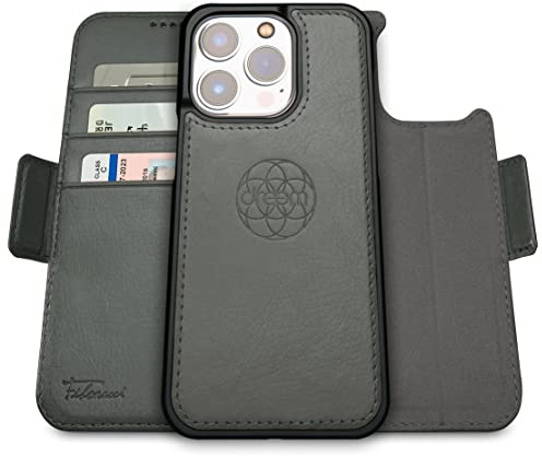 Dreem Fibonacci iPhone 14 Pro Geldbörsen-Hülle / 2-in-1 Stoßfestes MagSafe Case und abnehmbares Luxus-Vegan-Leder-Folio mit RFID-Kartenschutz und Ständer; für Frauen und Männer - Grau