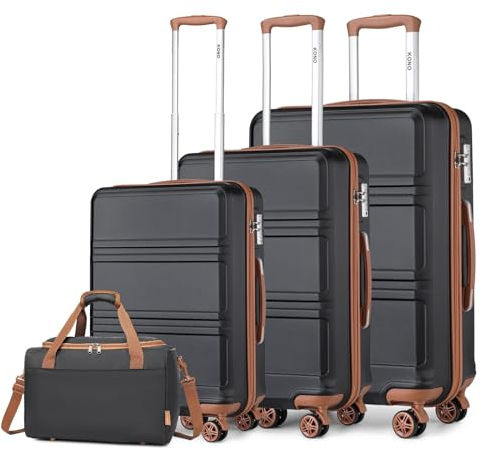 KONO Kofferset 4 Teilig Hartschalekoffer mit TSA Schloss Gepäcksets Handkoffer Mittelgroß Groß Trolleys mit 40x20x25cm Ryanair Reisetasche (55cm/65cm/74cm Koffer Trolley Set und Tasche), Schwarz/Braun