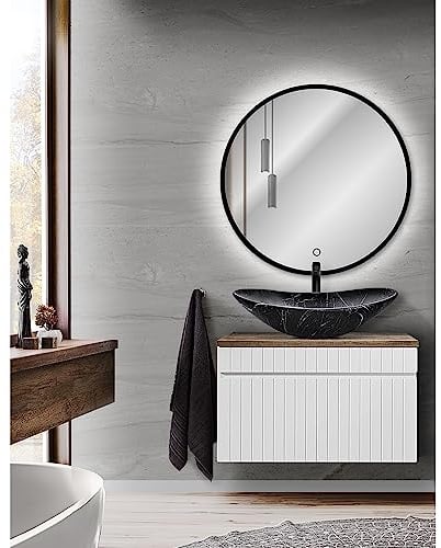 Lomadox Badezimmer Waschplatz Set 80 cm Waschbeckenunterschrank mit Aufsatzwaschbecken und LED Spiegel in weiß matt mit Vintage Eiche Nb., B/H/T: ca. 80,4/200/46 cm