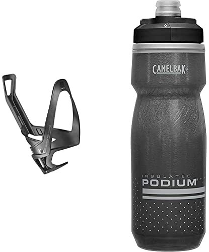 Elite Rocko Carbon Mat Bottle Cage, Black Graphic & CAMELBAK Podium Chill 21oz Black Bottle - 001 Black/Grey, N