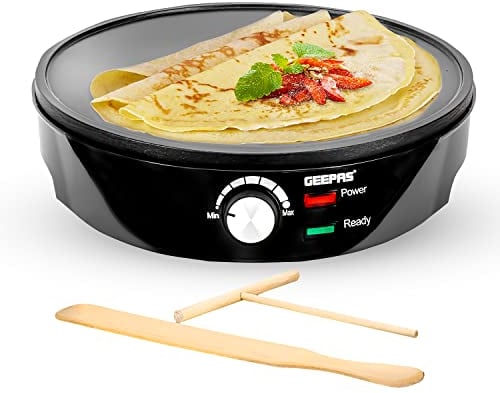 Geepas 1000W Pancake & Crepe Maker - Electric Non-Stick Cooking Plate with Adjustable Temperature Control - Power & Ready Lights Wooden Spreader & Spatula Included - 2 Year Warranty