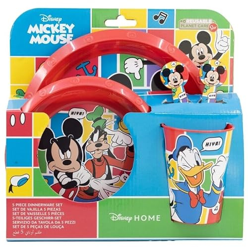 Favourite 2023 Hero Cartoon Character 5pc Breakfast Set Inc Plate, Tumbler, Bowl, Fork, Spoon re-usable Plastic (Mickey Mouse)
