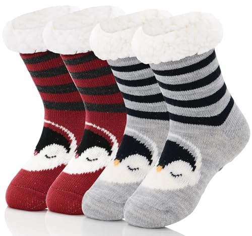 Durio Calcetines infantiles para niñas y niños, calcetines de invierno, suaves, mullidos, cálidos, gruesos, térmicos, para casa Pingüino negro Pingüino rojo 8-12 años