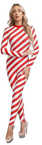 Agoky Damen Ganzkörperanzug Rot Weiß Streifen Body Langarm Jumpsuit Slim Fit Overall Turnanzug Gymnastikanzug Eiskunstlauf Leotard Rot L