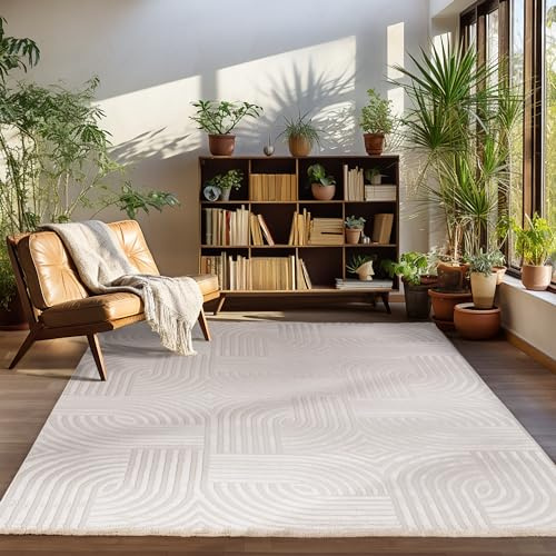 Carpettex Teppich Wohnzimmer 200x300 Beige Teppich Skandinavisch Stil Teppich 3D Effekt Teppich 200 x 290 cm - Waschbarer Teppich Schlafzimmer Küchenteppich Boho Design Weich Flauschig