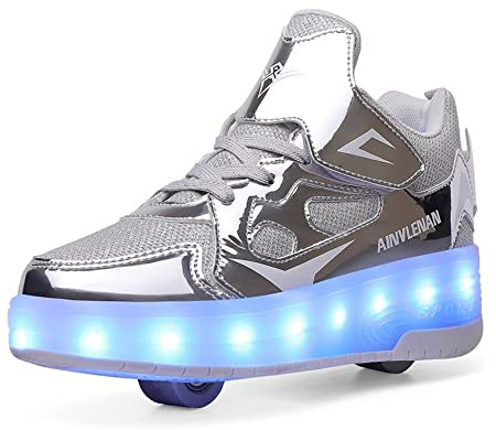 HUSKSWARE Kids Two Wheel Skate Shoes with Adjustable Light Changing USB Charging Universal for Boys and Girls Black Pink Gold Silver Size 28-41 EU, 623 Silver, 40 EU