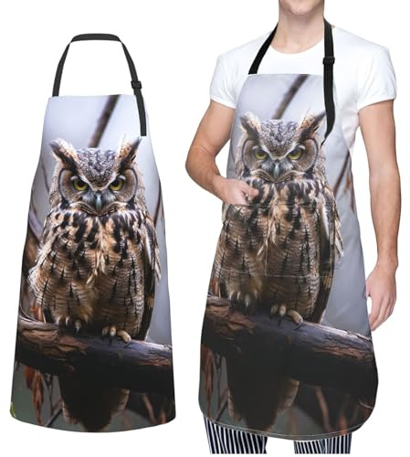 NONHAI Kochschürze für Damen und Herren, wasserdichte Kochschürze mit Taschen, Eule auf einem Ast, Schwarz, Einheitsgröße, Schwarz, Einheitsgröße, Schwarz , One size