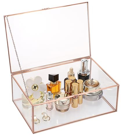 Tolida Extra Large Vintage Glass Lid Rectangle Jewelry Box, Glass Display Box for Rings Bracelets Necklaces, Rose Gold