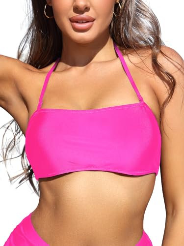 SHEKINI Maillot de Bain élégant pour Femme, Dos Nu, Bandeau réglable, Haut de Bikini Rose Fluo, M