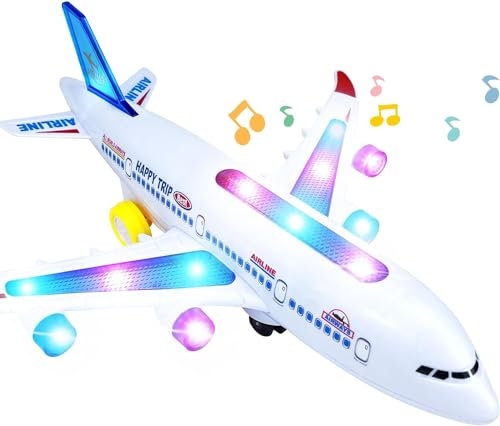 Toddler Airplane Toys for Boys Girls, Kids A380 Airbus Commercial Passenger Electric Aeroplane Toy with Flashing Led Lights & Sounds, Bump and Go Battery-Operated Helicopter Toy Birthday Gift, White