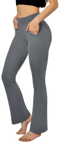 SINOPHANT Flared Yogahose Damen Leggings High Waist Schlaghose Blickdicht Leggins Bootcut Jogginghose with Taschen Grau L