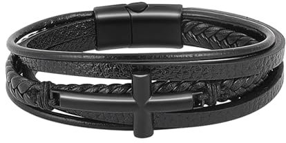 MILAKOO Herren Armband PU Lerder Armreif Kreuz Mehrschichtig Geflochten mit Silber Magnetverschluss Geschenk für Papa Sohn