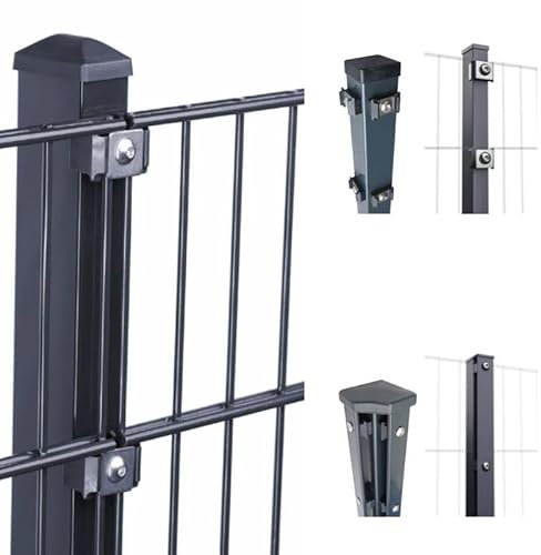 HORI® Doppelstabmattenzaun 656 Basic | Komplett-Set: je 251 cm Gittermatten | Pfosten wahlweise mit Klemmhalter, Abdeckschiene und Eckpfosten Anthrazit RAL 7016 Höhe 143 cm Länge 17.5 m