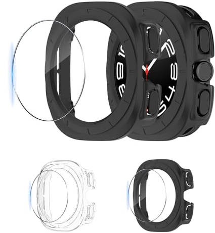 Funrae Hard Hülle mit Schutzfolie Kompatibel mit Samsung Galaxy Watch Ultra 47mm, 9H Härte Displayschutz für Panzerglas*3+Vollschutz PC Kratzfest Schutzhülle Schutz Case*2