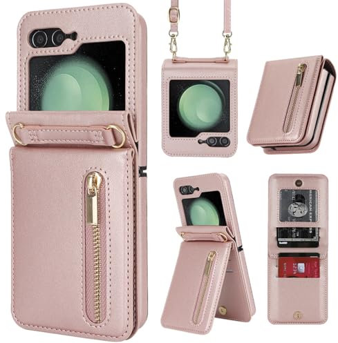 Etui en Cuir PU pour Samsung Galaxy Z Flip 5, étui à Fermeture éclair, béquille multifonctionnelle, Porte-Cartes, bandoulière réglable, étui Pliable pour Samsung Galaxy Z Flip 5 (Rose)