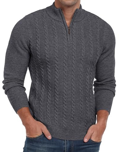 Hisir Mens Quarter Zip Jumper Cable Knit Crew-Neck Sweater Long Sleeve Jumpers Causal Pullover Winter for Men (Dark Grey, XXL)