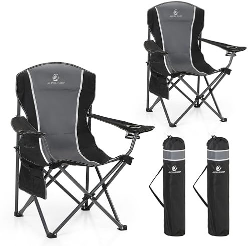 ALPHA CAMP Camping Folding Chair for Heavy People Portable Heavy Duty Chair Support 160 KG Oversized camp chair Outdoor for Adult with Cup Holder and Side Pocket, Black/Gray, 2PCS