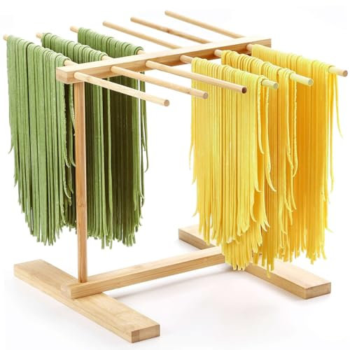 TUAKIMCE Pasta Drying Rack，Natural Bamboo 12 Bars Pasta Drying Rack Collapsible for Drying Fresh Pasta, Spaghetti